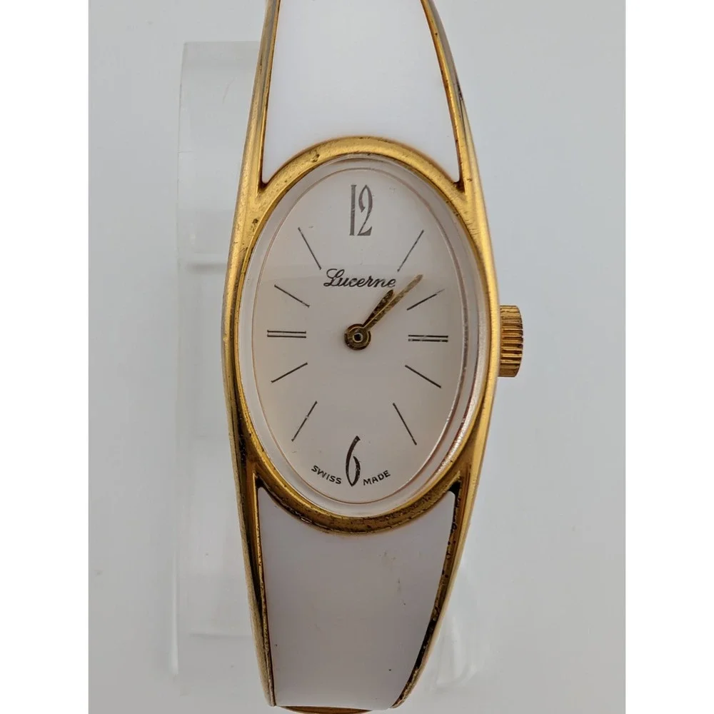 Vintage Lucerne Mechanical Watch Women 19mm Case White/Gold Bangle Band- Working